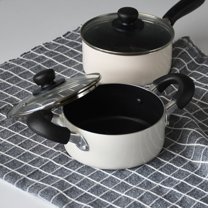 ジャストサイズ IH対応ふっ素加工ガラス蓋付両手鍋16cm(ホワイト)