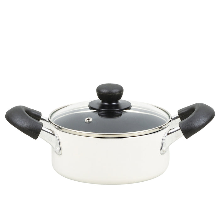 ジャストサイズ IH対応ふっ素加工ガラス蓋付両手鍋16cm(ホワイト)