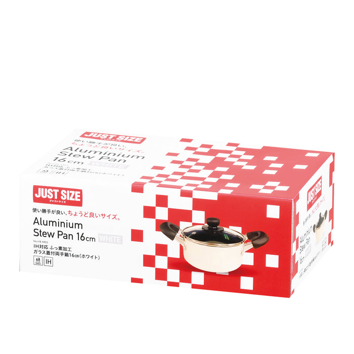 ジャストサイズ IH対応ふっ素加工ガラス蓋付両手鍋16cm(ホワイト)