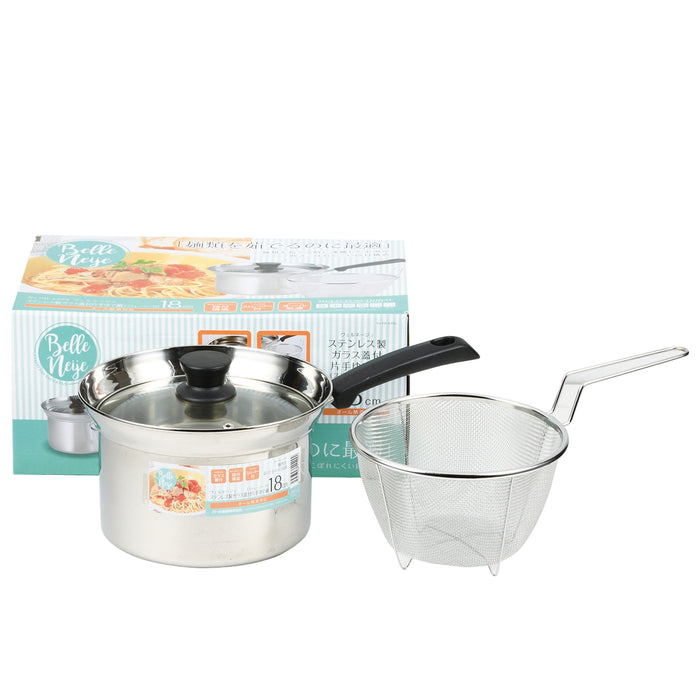 ヴェルネージュ ステンレス製ガラス蓋付片手ゆで鍋18cm(ストレーナー付)