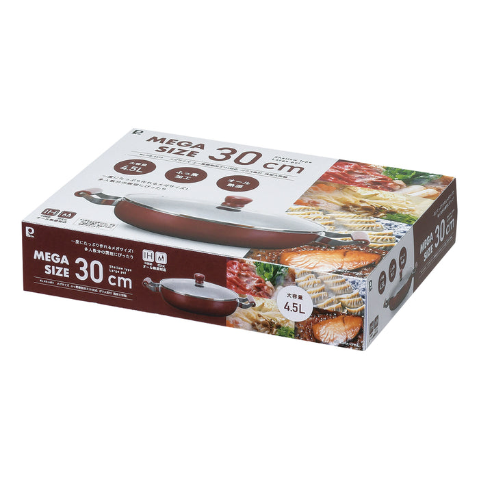 メガサイズ ふっ素加工IH対応ガラス蓋付浅型大型鍋30cm
