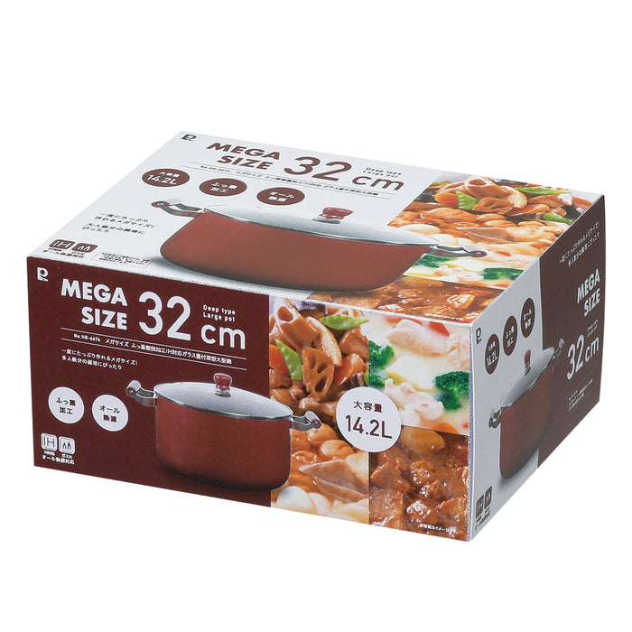メガサイズ ふっ素加工IH対応ガラス蓋付深型大型鍋32cm