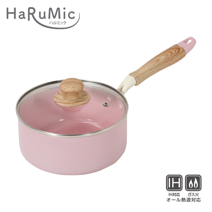 ハルミック セラミック加工IH対応ガラス蓋付片手鍋18cm(ペールピンク)