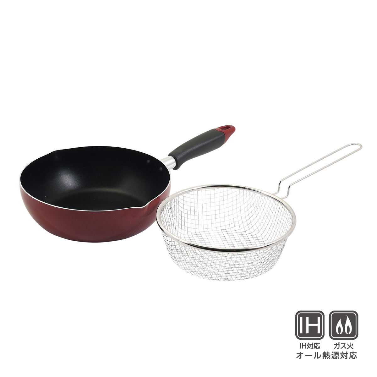ふっ素加工IH対応目盛・ザル付料理フライパン22cm(レッド) — PEARL