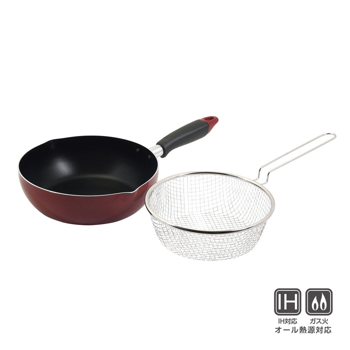 ふっ素加工IH対応目盛･ザル付料理フライパン22cm(レッド)