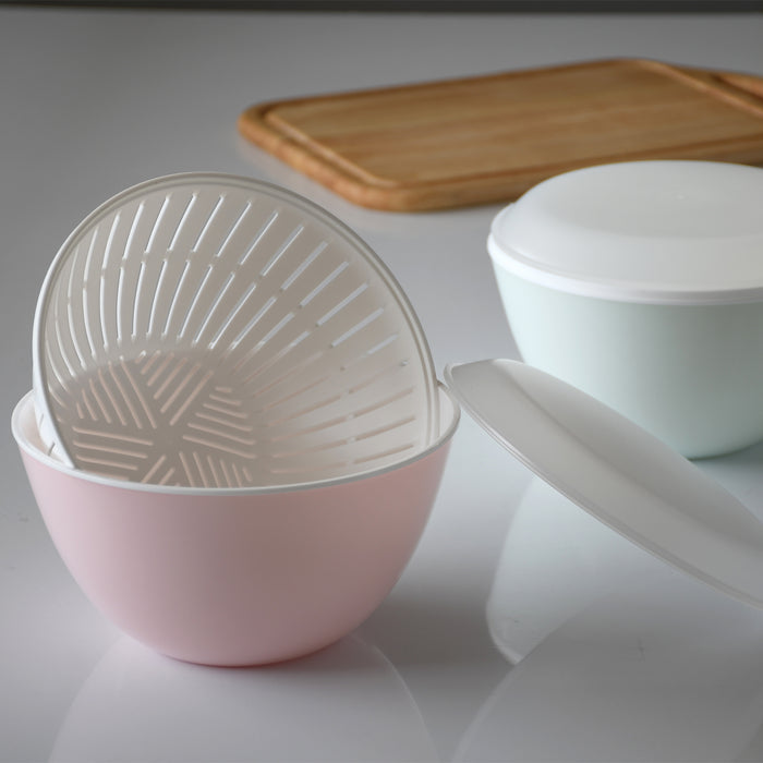 ララシャイン 抗菌耐熱カラーボウル19cm･ザル･フタ3点セット(クリアピンク)