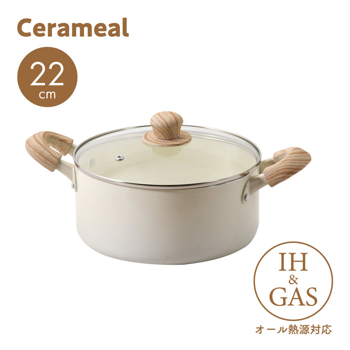 セラミール IH対応ガラス蓋付深型両手鍋22cm