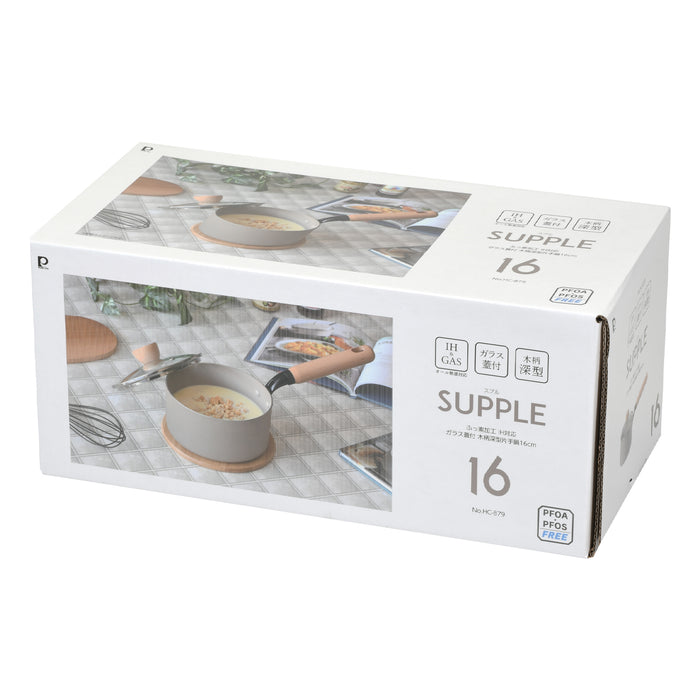 スプル ふっ素加工IH対応ガラス蓋付木柄深型片手鍋16cm