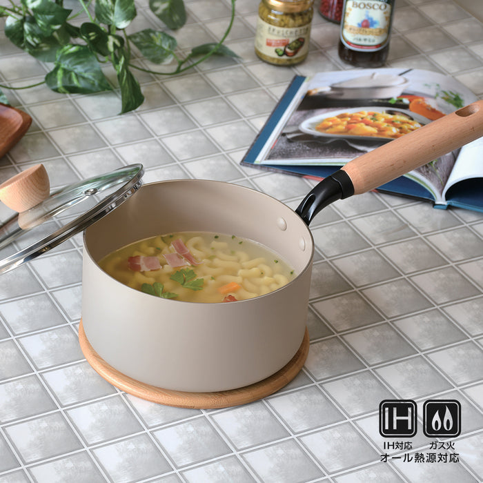 スプル ふっ素加工IH対応ガラス蓋付木柄深型片手鍋18cm