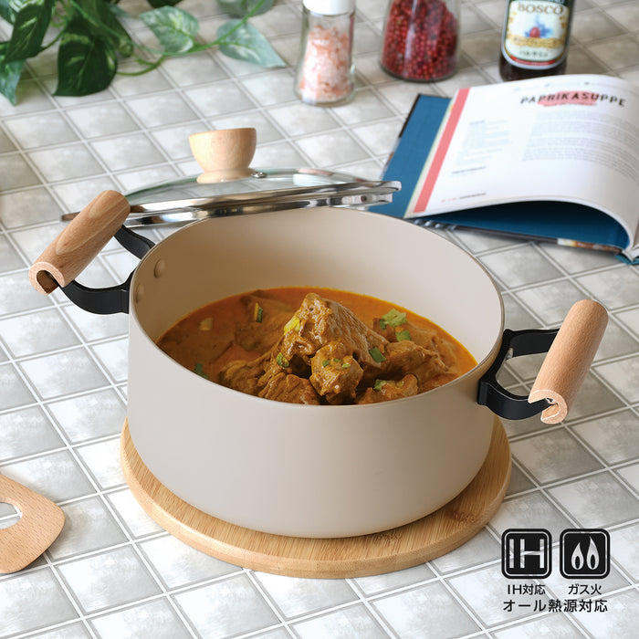 スプル ふっ素加工IH対応ガラス蓋付木柄深型両手鍋22cm