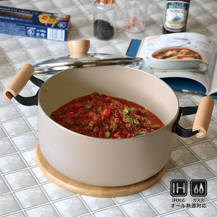 スプル ふっ素加工IH対応ガラス蓋付木柄深型両手鍋24cm