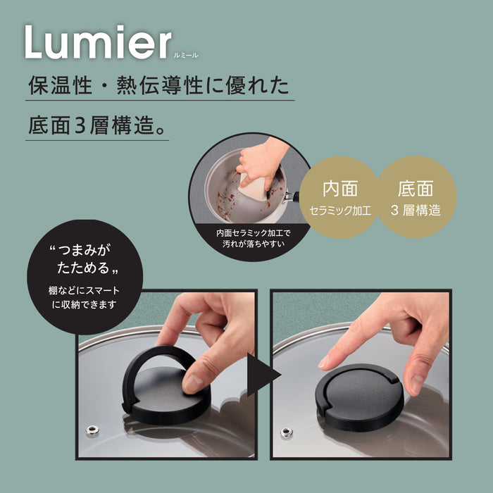 ルミール 3層底ガラス蓋付片手鍋14cm(内面セラミック加工)
